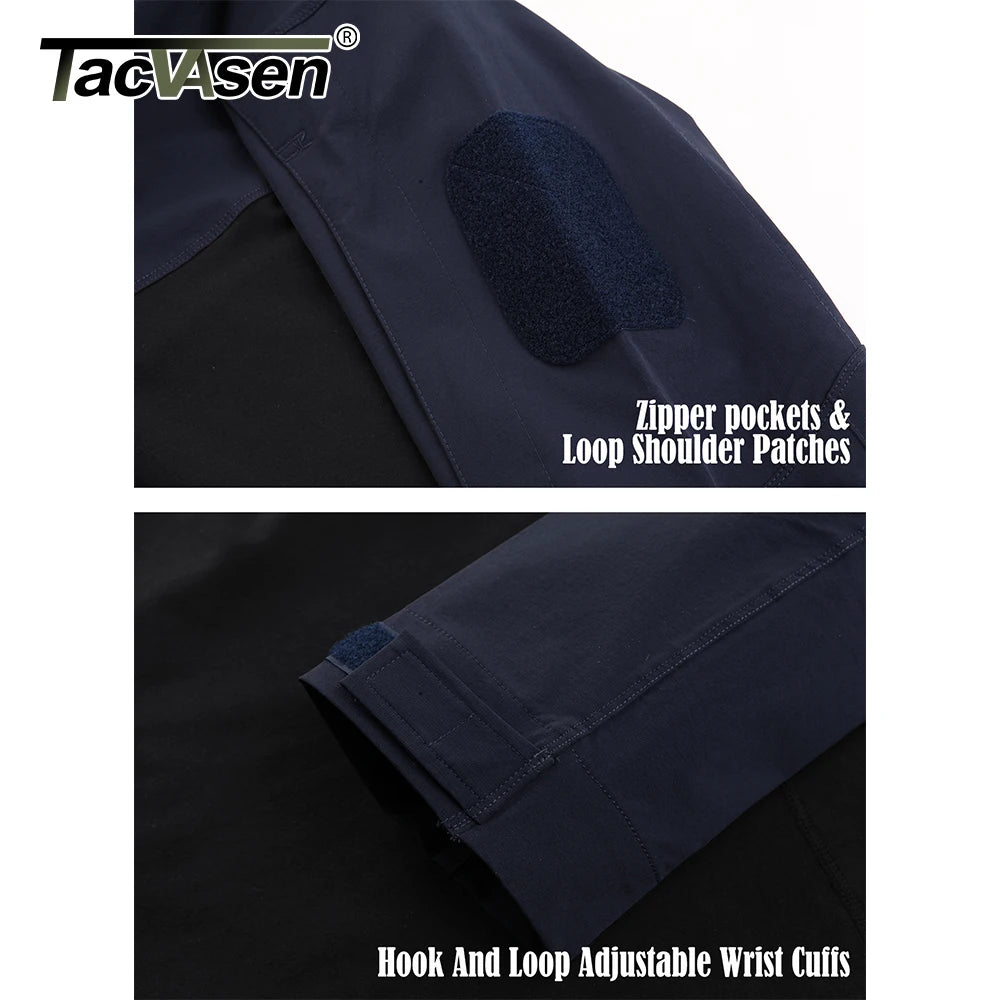 Detail view of the sleeve zip pocket, shoulder patch panel and adjustable hook-and-loop cuff.