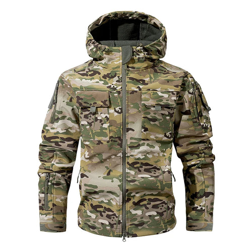 VALEWARD Bracken Camouflage Softshell in Camouflage, with the adjustable drawcord hood