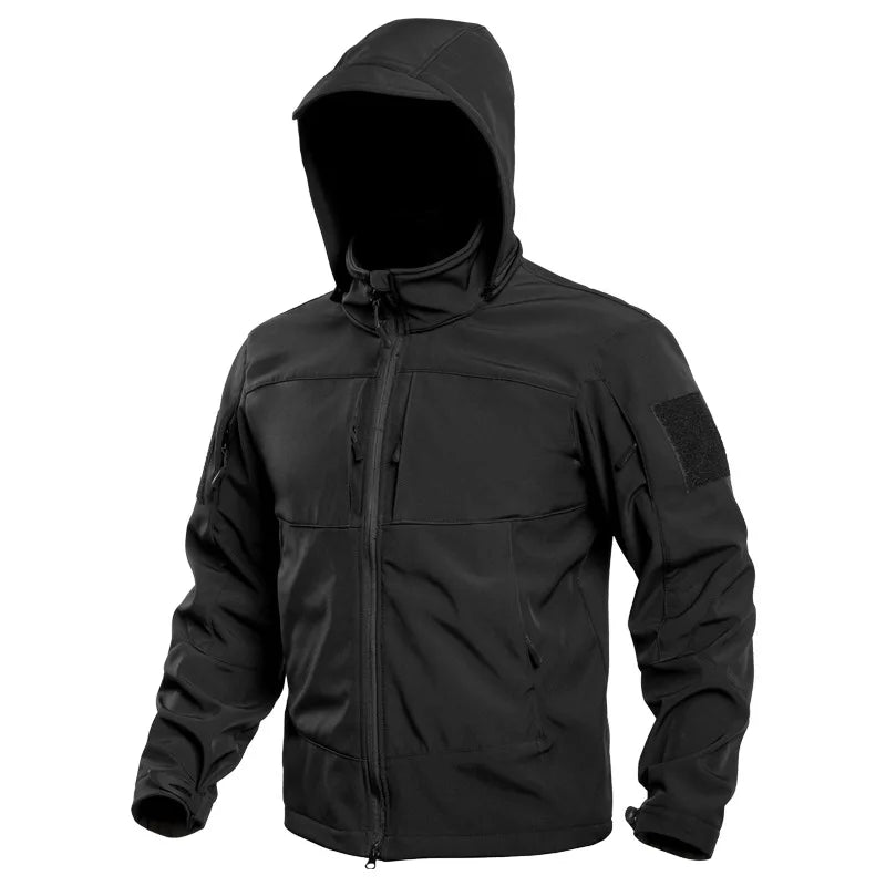 VALEWARD Redoubt Modular Softshell in Tactical Black, with the detachable hood attached