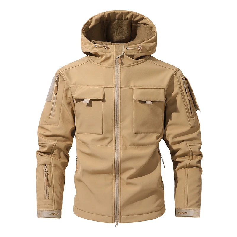 VALEWARD Bracken Camouflage Softshell in Field Sand, with the adjustable drawcord hood