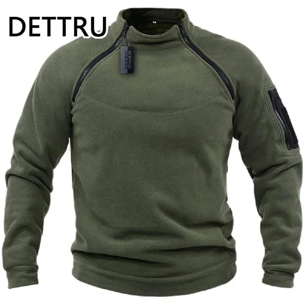 VALEWARD Sentry Tactical Fleece Pullover in Tactical Black, front view showing the offset diagonal zip and stand collar.