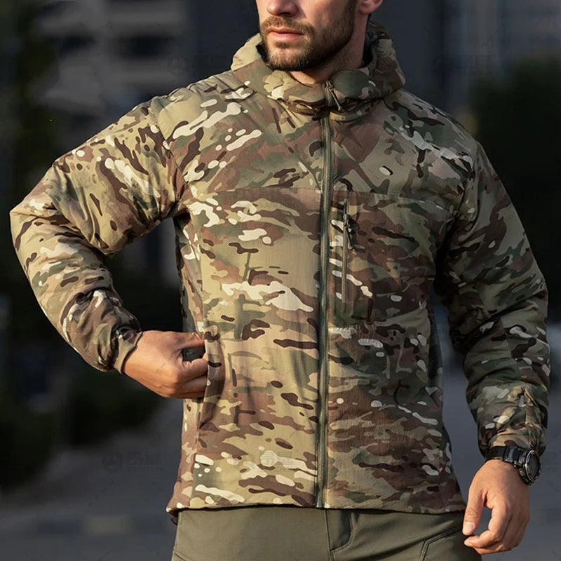 VALEWARD Hearth Quilted Insulated Jacket in Camouflage, with the adjustable drawcord hood