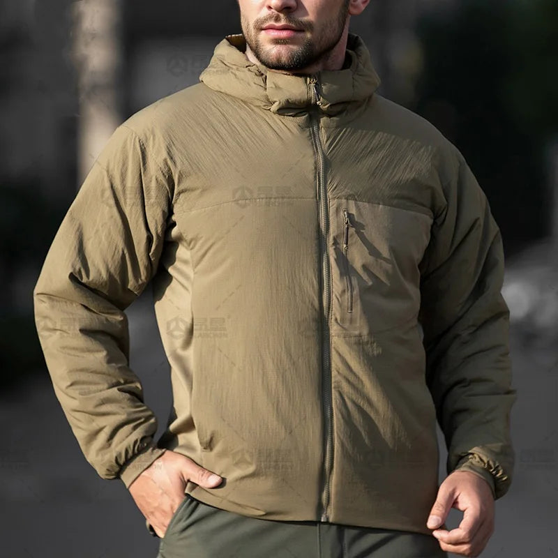 VALEWARD Hearth Quilted Insulated Jacket in Field Sand, with the adjustable drawcord hood