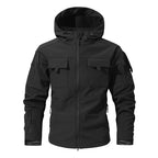 VALEWARD Bracken Camouflage Softshell in Tactical Black, with the adjustable drawcord hood
