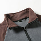 Detail view of the Outrider's stand collar and half-zip placket in Night Navy.